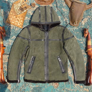 出口3631刀！墨绿色土耳其进口原生态羊皮毛一体真皮皮衣男连帽