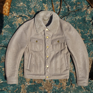 龟裂本白色羊皮毛一体皮衣男短款修身显瘦风暴骑士牛仔款保暖御寒