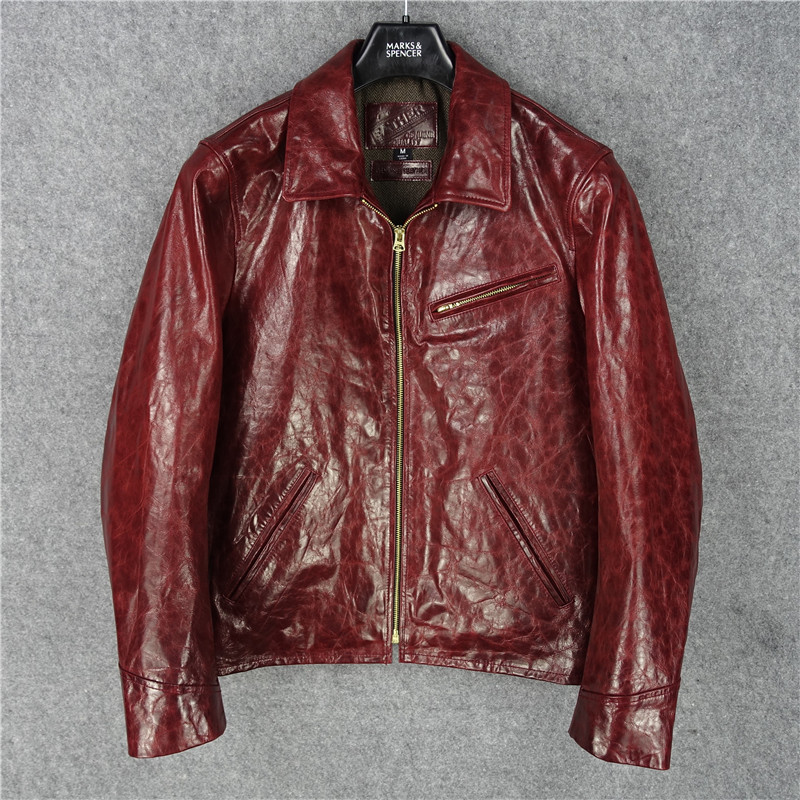 植鞣做旧绵羊皮男修身款真皮皮衣