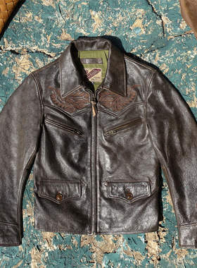 RL刺绣报童款！深棕龟裂玻璃纹做旧头层牛皮真皮皮衣男美式复古