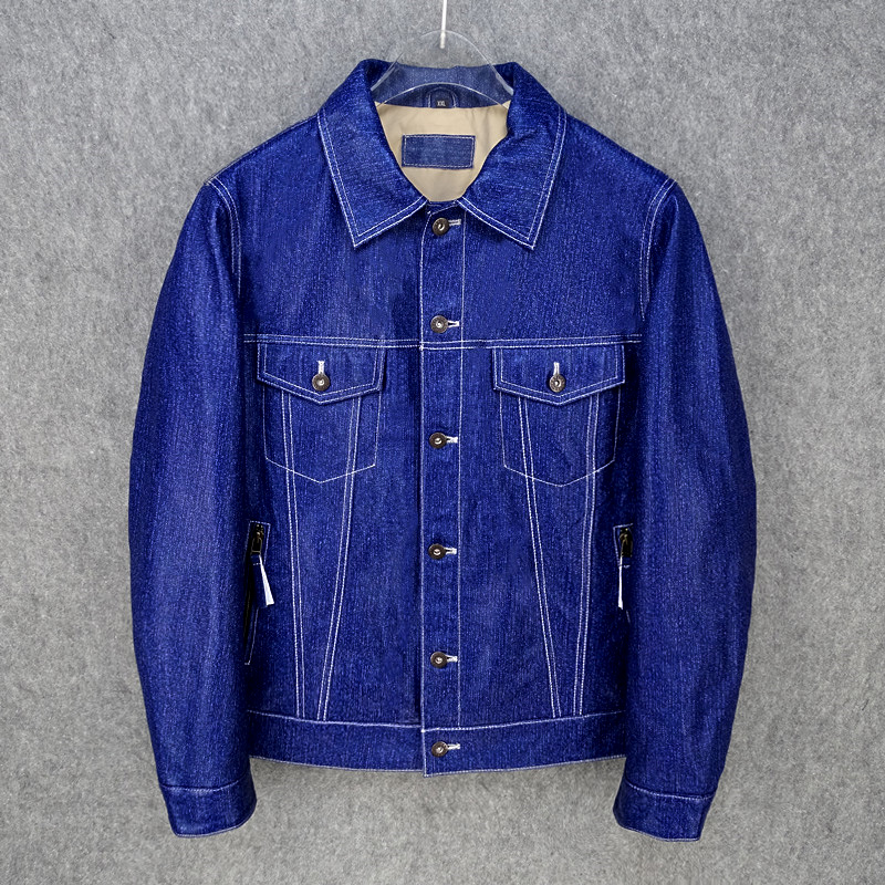 超薄超软牛仔布纹理头层绵羊皮506改良复古牛仔夹克真皮皮衣男款