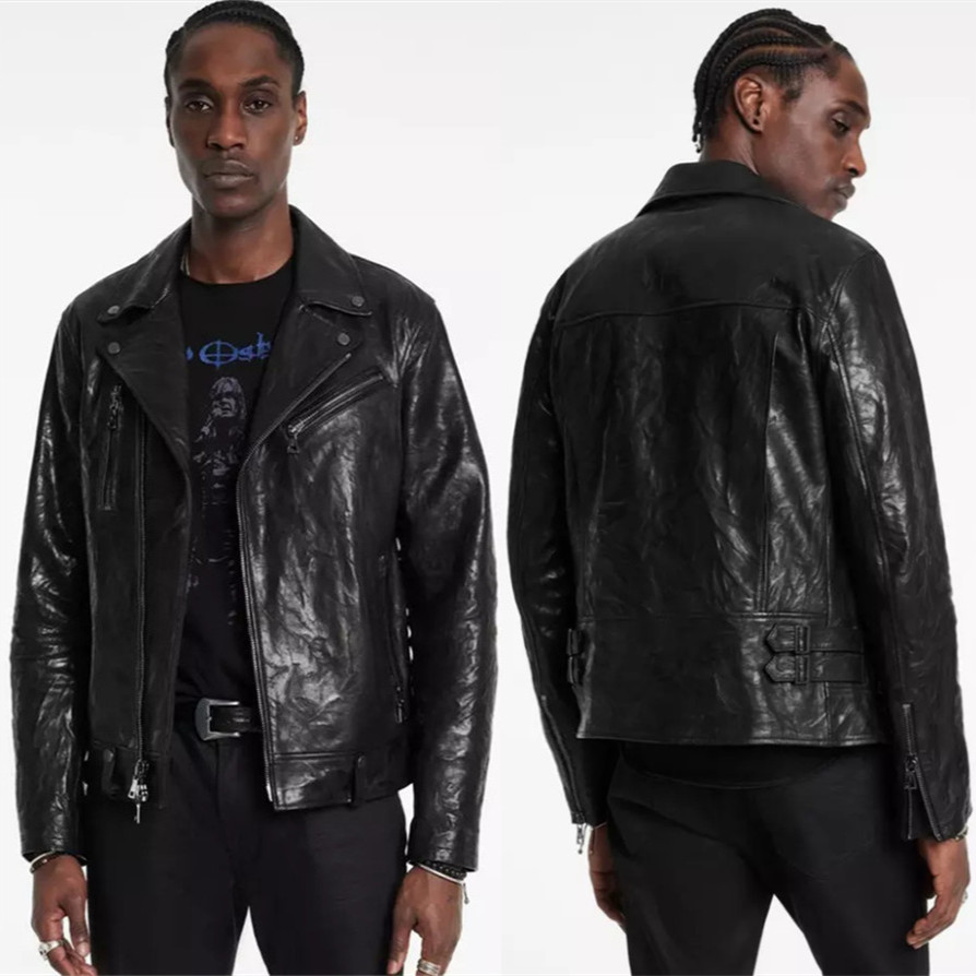 出口美国高奢好货！褶皱纹理全植鞣山羊皮很皮皮衣男斜拉链机车款