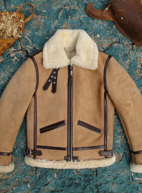 经典B3羊皮毛一体飞行服进口绒面沙色皮面+米白色毛保暖御寒显贵