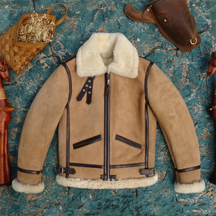 经典 米白色毛保暖御寒显贵 B3羊皮毛一体飞行服进口绒面沙色皮面