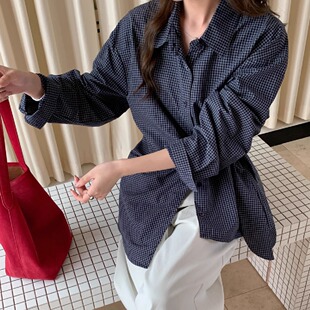 9199 宽松设计感小众通勤百搭上衣 2025秋复古棕格纹绑带衬衫 女