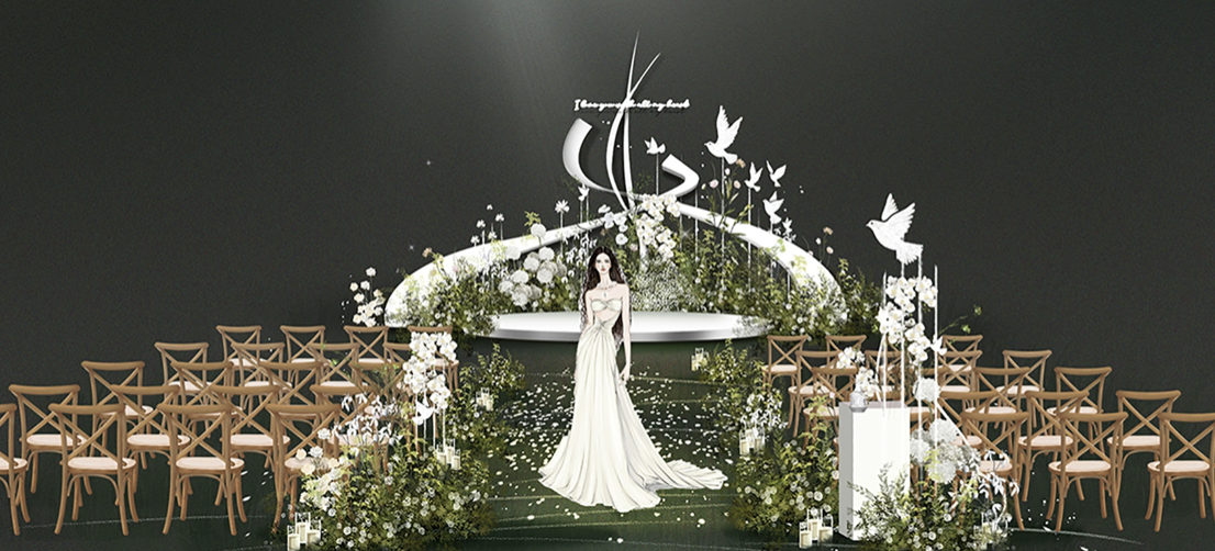 户外白绿色小众婚礼曲线造型效果图白鸽psd文件分层素材设计