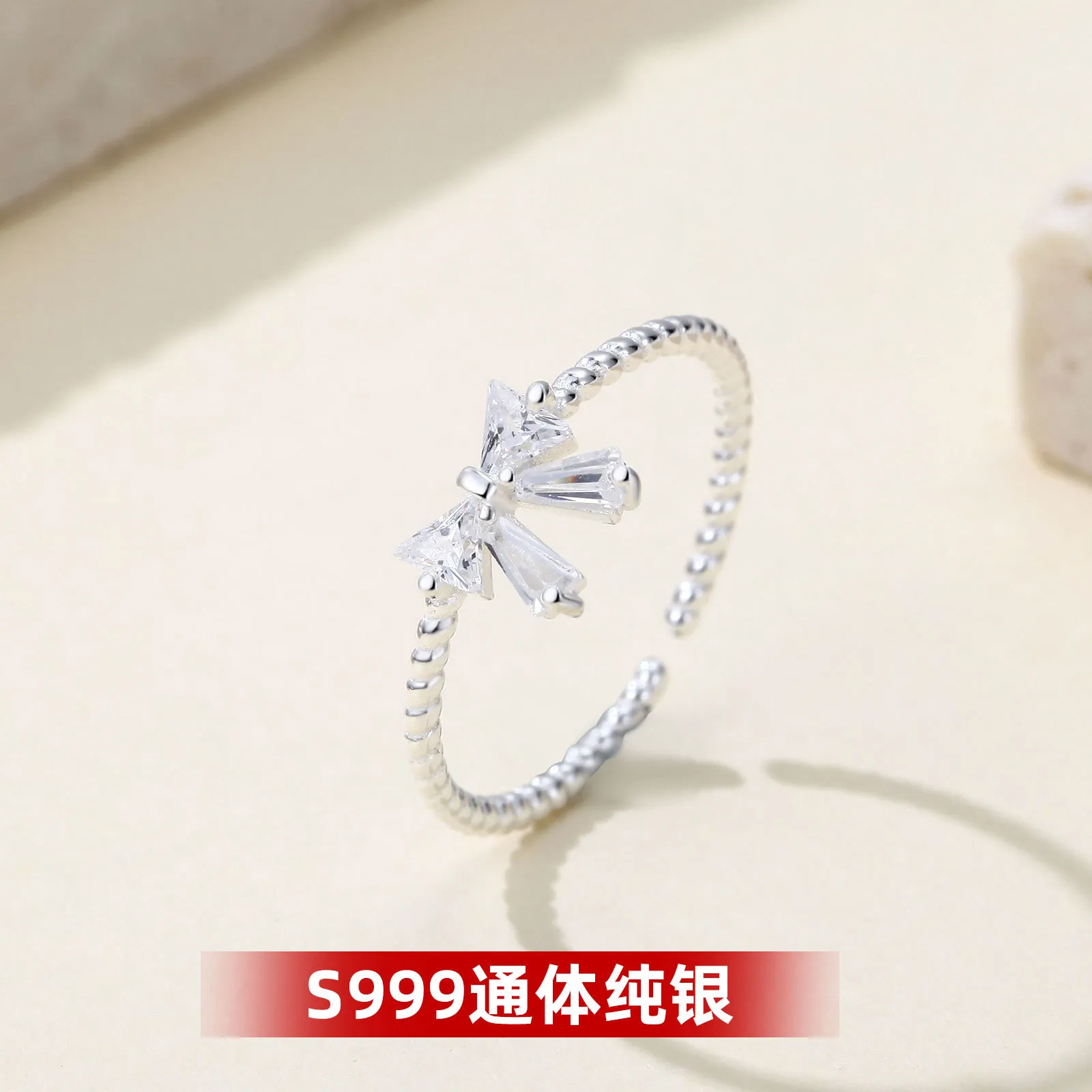 S999纯银精致锆石蝴蝶结戒指