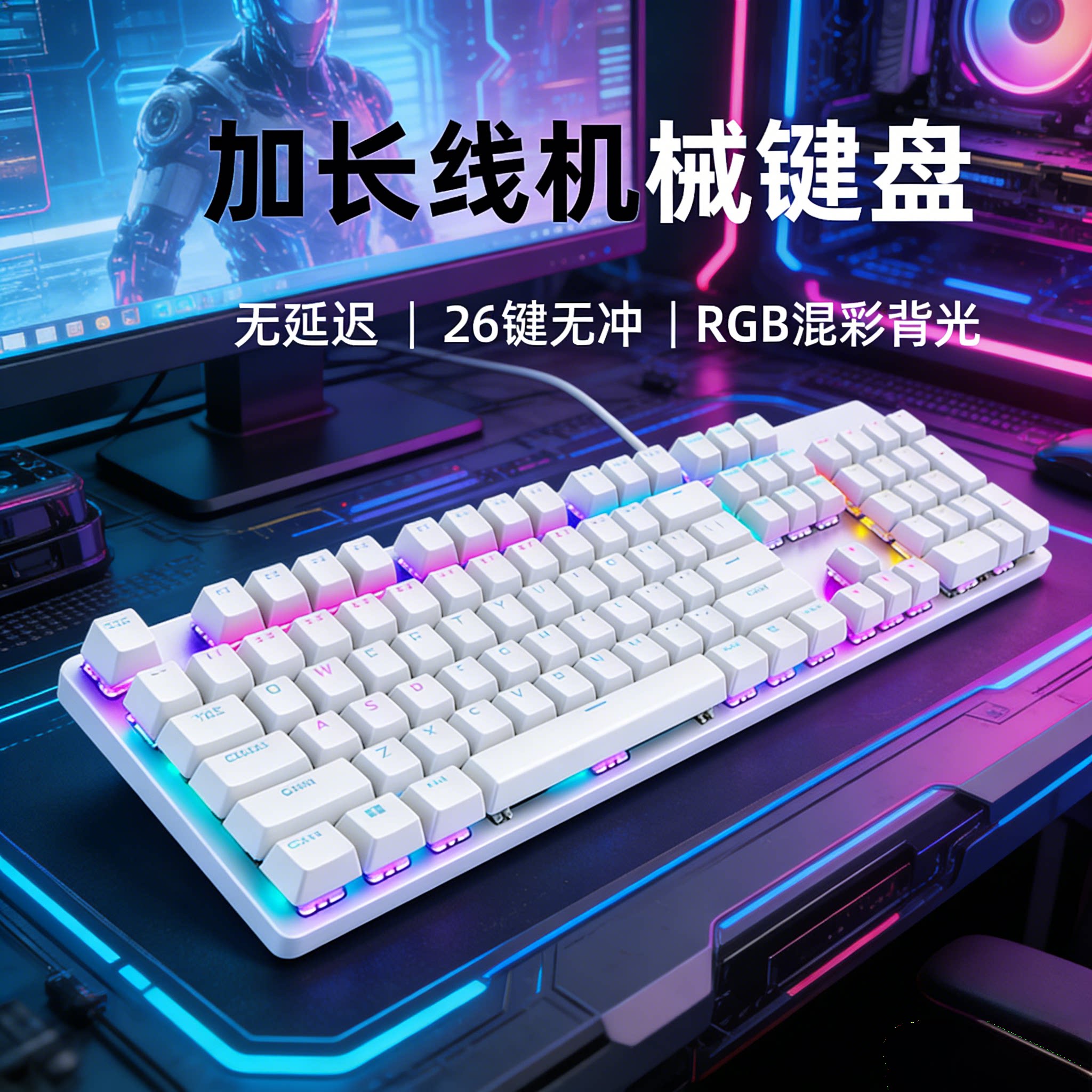 白色机械键盘2/3/5/10米加长线背光104键吃鸡游戏电竞办公