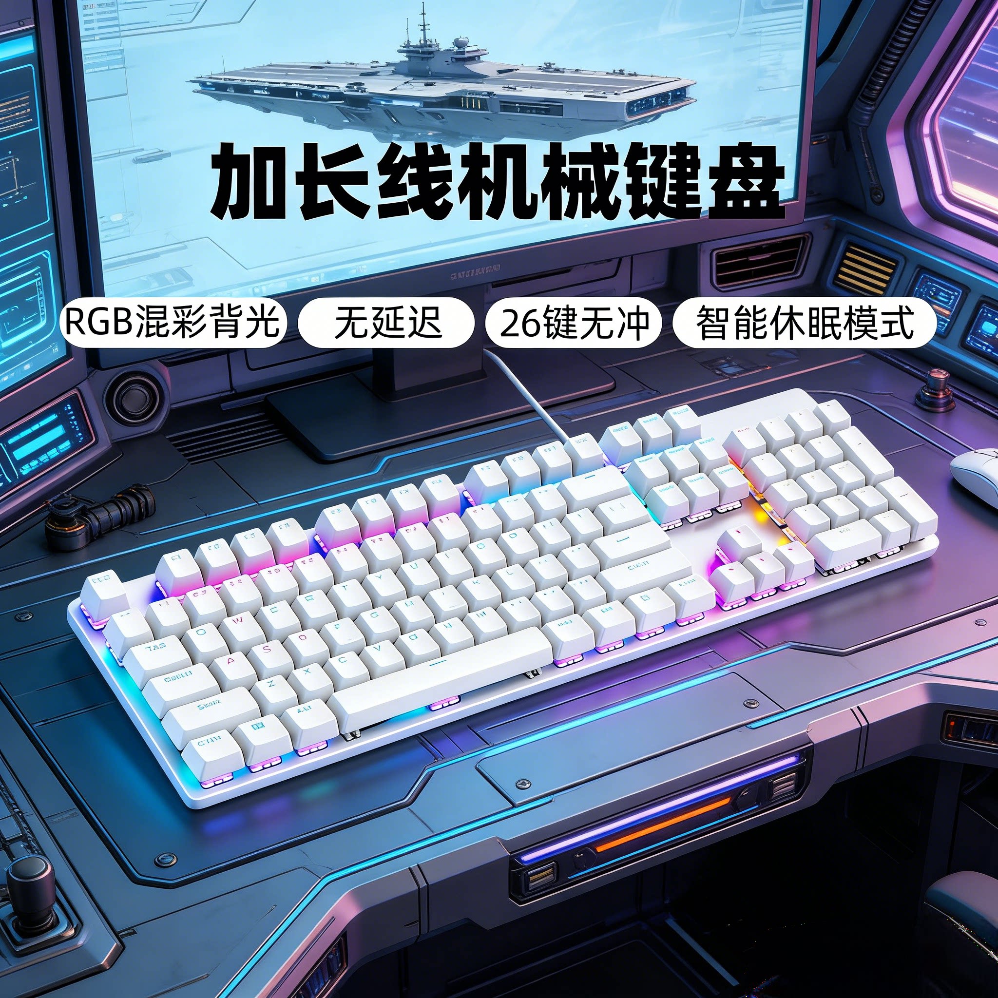 2/3/5/10米104键背光机械键盘白色加长线电竞办公吃鸡游戏