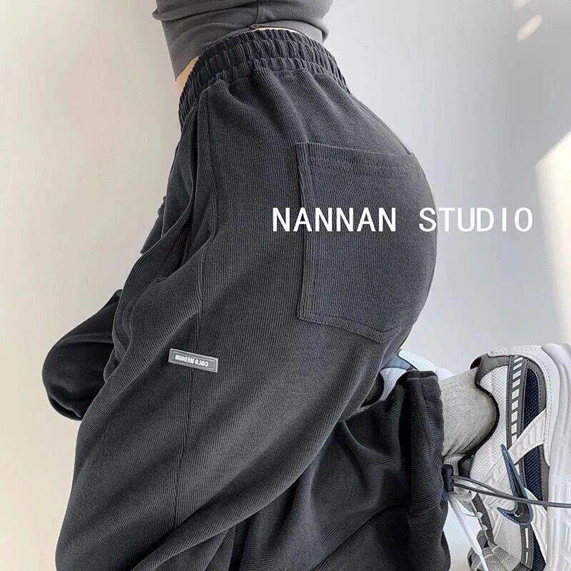 炸街美式字母宽松运动裤女休闲束脚裤秋冬灰色腰直筒卫裤ins潮