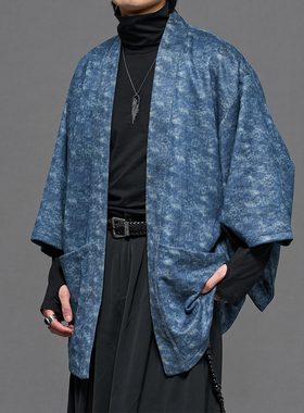 日系复古蓝色裁剪麂皮绒道袍七分袖秋冬开衫小众男新中式风衣夹克