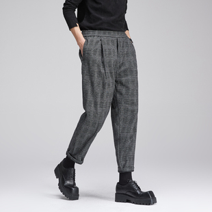 男英伦直筒宽松阔腿九分裤 高品质秋冬日系港风格 纹加厚呢料老爹裤