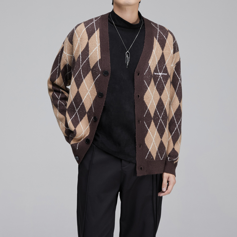 开衫V领格纹撞色男女针织衫