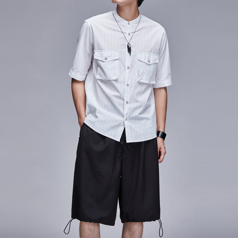 高品质棉质感条纹立领短袖潮流日系复古男士工装口袋时尚夏季衬衫