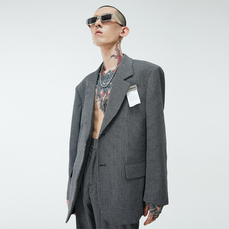 格纹廓形宽松西服外套英伦