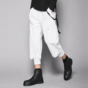 裤 leggings时装 立体剪裁白色英伦假两件九分小脚哈伦裤 隐制男装