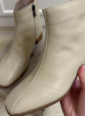 ZACH PENG真皮女鞋2024秋冬新款复古方头马丁靴侧拉链牛皮短靴