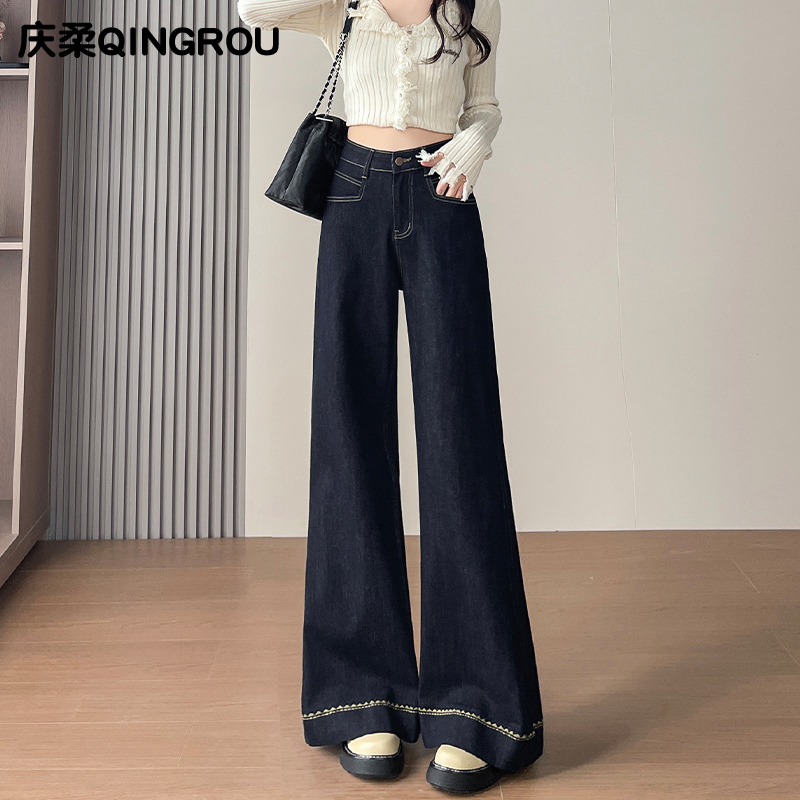 撞色宽边刺绣阔腿马蹄喇叭裤加绒