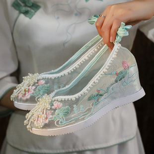 绣花鞋女款古风汉服鞋子唐朝女成人汉服订珠网鞋子布鞋女古风厚底