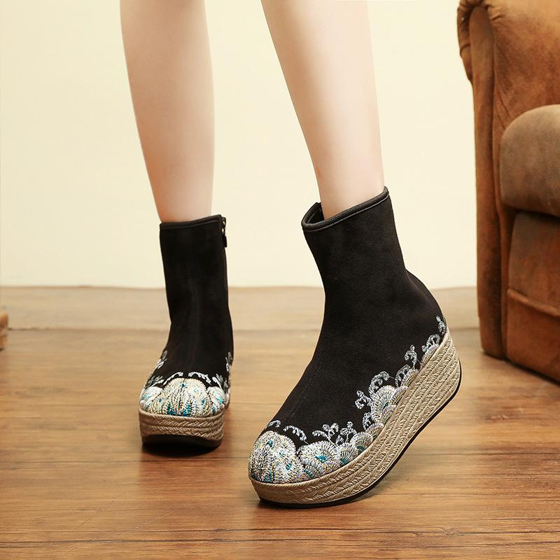 秋冬女鞋高跟防水台复古靴民族风