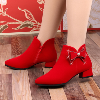冬季结婚鞋女平底低跟孕妇新娘鞋红色靴子秀禾服婚纱两穿短筒婚靴