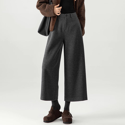 高端羊毛醋酸灰色毛呢阔腿裤女