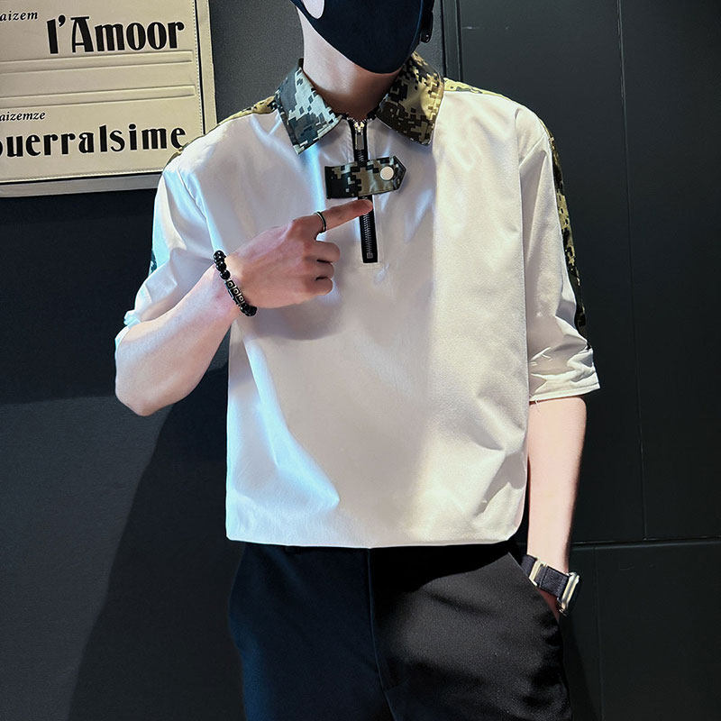SC129-P58控78夏季男士衬衣男潮迷彩拼接衬衣短袖衬衫白色2,男装衬衫,电商A220
