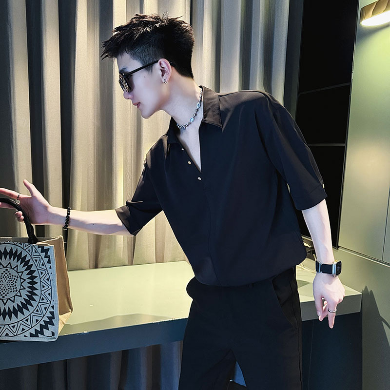SC147-P58控78社会小伙店主风男潮中袖衬衣短袖衬衫黑1,男装T恤,电商A220