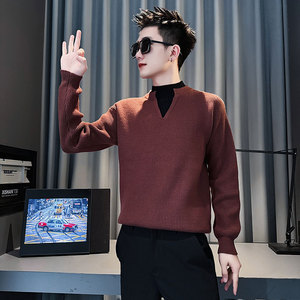 SM109-P88 控118 社会小伙店主风男假两件潮毛衣针织衫 红色2图片