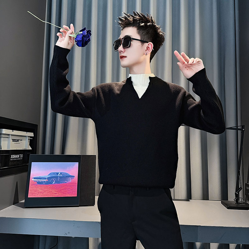 SM109-P88控118社会小伙店主风男假两件潮毛衣针织衫黑2，男装针织衫/毛衣，电商A220