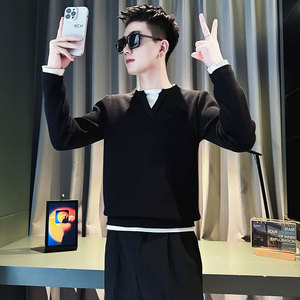 SM96-P88 控118 社会小伙店主风男假两件潮毛衣针织衫 红1图片