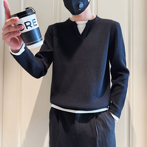 SM96-P88 控118 社会小伙店主风男假两件潮毛衣针织衫 红2图片
