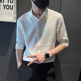 SC25-P58控78春夏男士衬衣男潮中袖衬衣休闲七分袖衬衫长袖绿2，男装衬衫，电商A220
