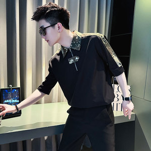 SC129-P58 控78 夏季男士衬衣男潮迷彩拼接衬衣短袖衬衫 黑色1图片