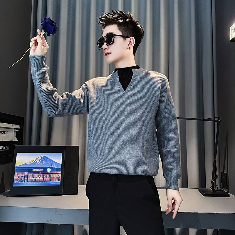 SM109-P88控118社会小伙店主风男假两件潮毛衣针织衫灰色1，男装针织衫/毛衣，电商A220