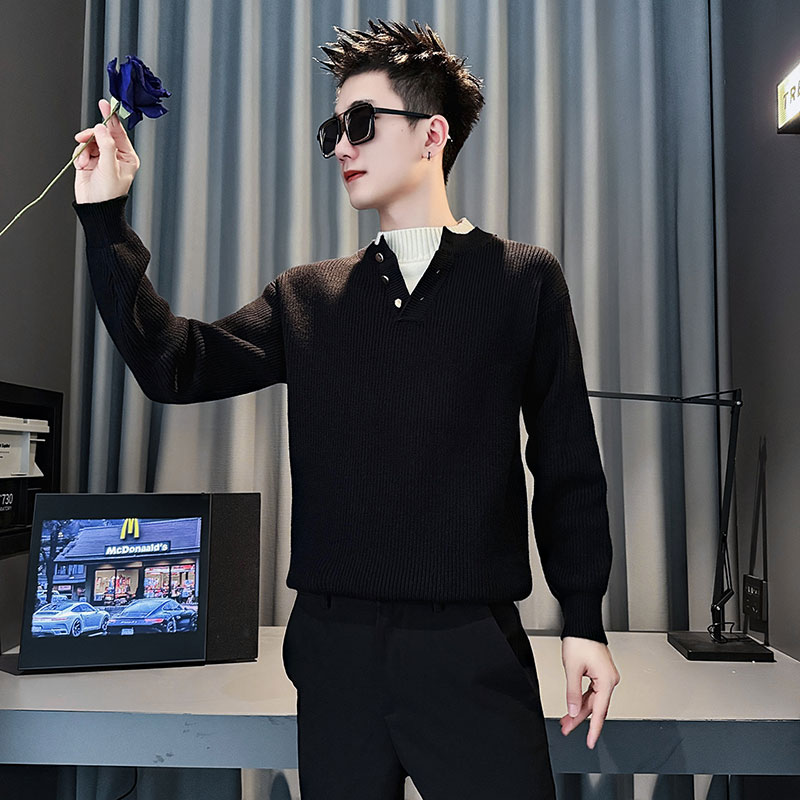SM110-P88控118社会小伙店主风男假两件潮毛衣针织衫黑色1，男装针织衫/毛衣，电商A220