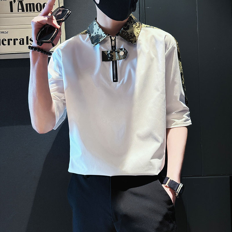 SC129-P58控78夏季男士衬衣男潮迷彩拼接衬衣短袖衬衫黑色2,男装衬衫,电商A220