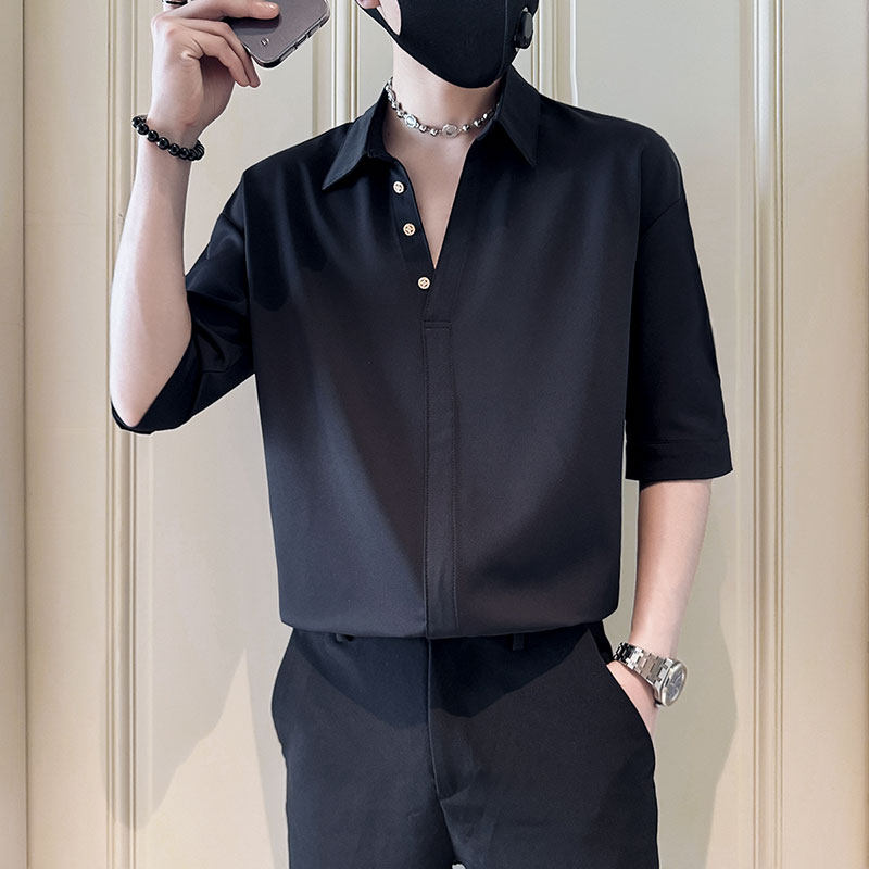 SC147-P58控78社会小伙店主风男潮中袖衬衣短袖衬衫黑2,男装T恤,电商A220