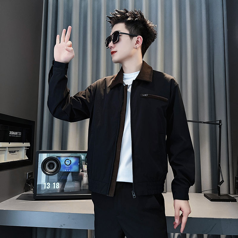 SJ143-P98控138社会小伙夹克外套假两件男潮店主风上衣黑色1，男装夹克，电商A220