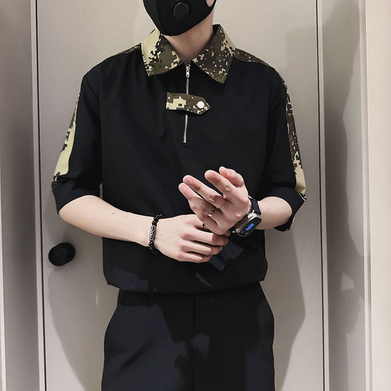 SC129-P58控78夏季男士衬衣男潮迷彩拼接衬衣短袖衬衫黑色2,男装衬衫,电商A220