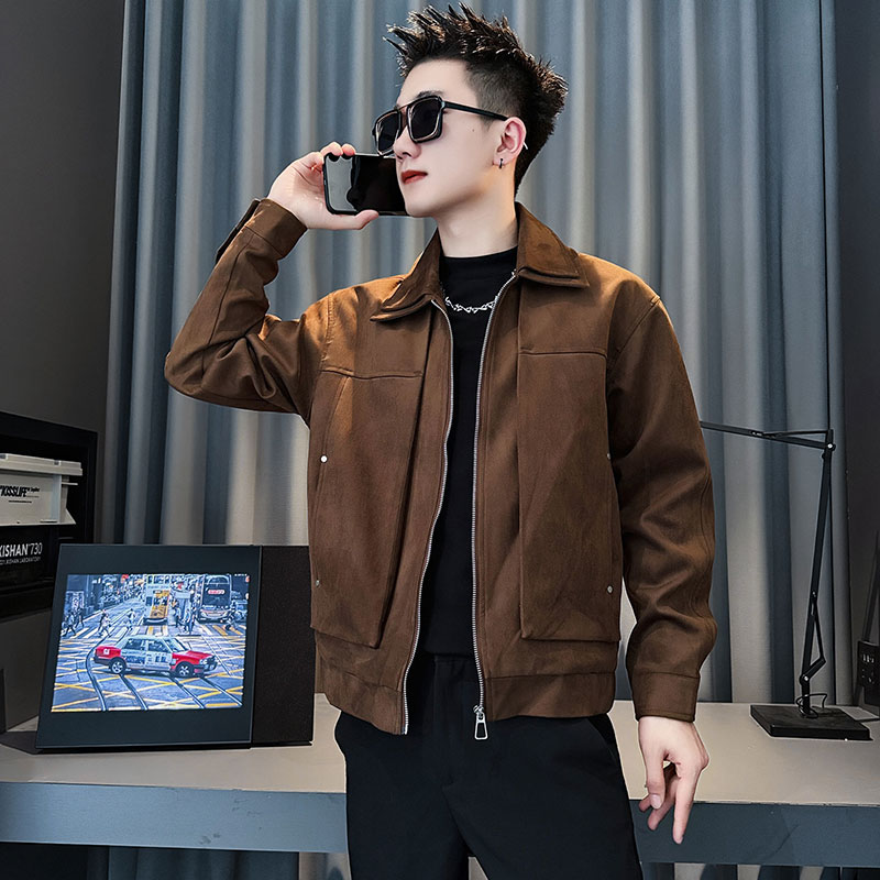 SJ163-P128控168秋冬装社会小伙鹿皮绒夹克外套店主风上衣黑1,男装夹克,电商A220