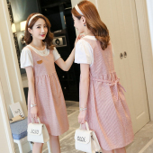中长款 孕妇装 孕妇连衣裙宽松休闲裙子夏季 假两件短袖 孕妇裙夏 夏装