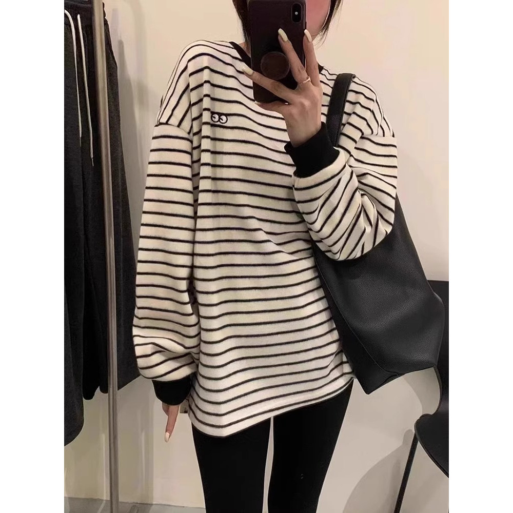 中长款德绒条纹打底衫女秋冬宽松洋气条纹长袖t恤侧开叉上衣女装