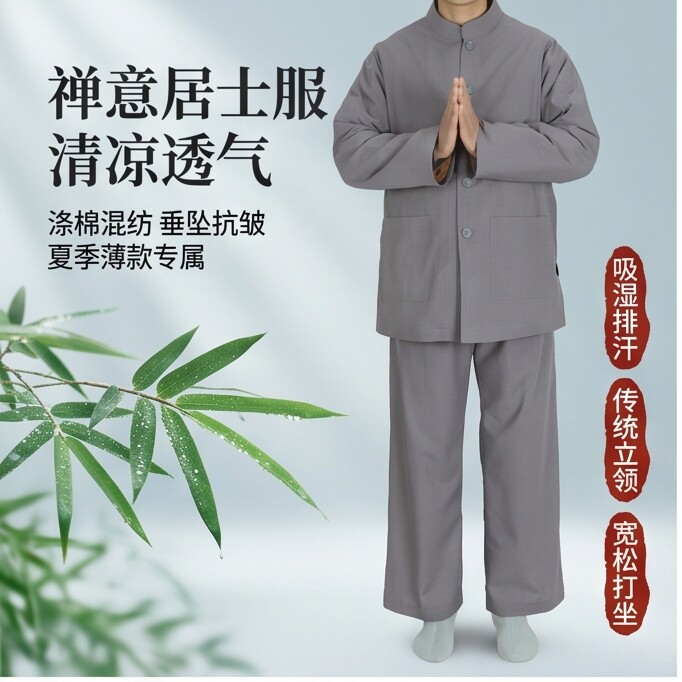 相牌居士服夏装中式中国风复古男寺院禅修套装棉布宽松春夏季