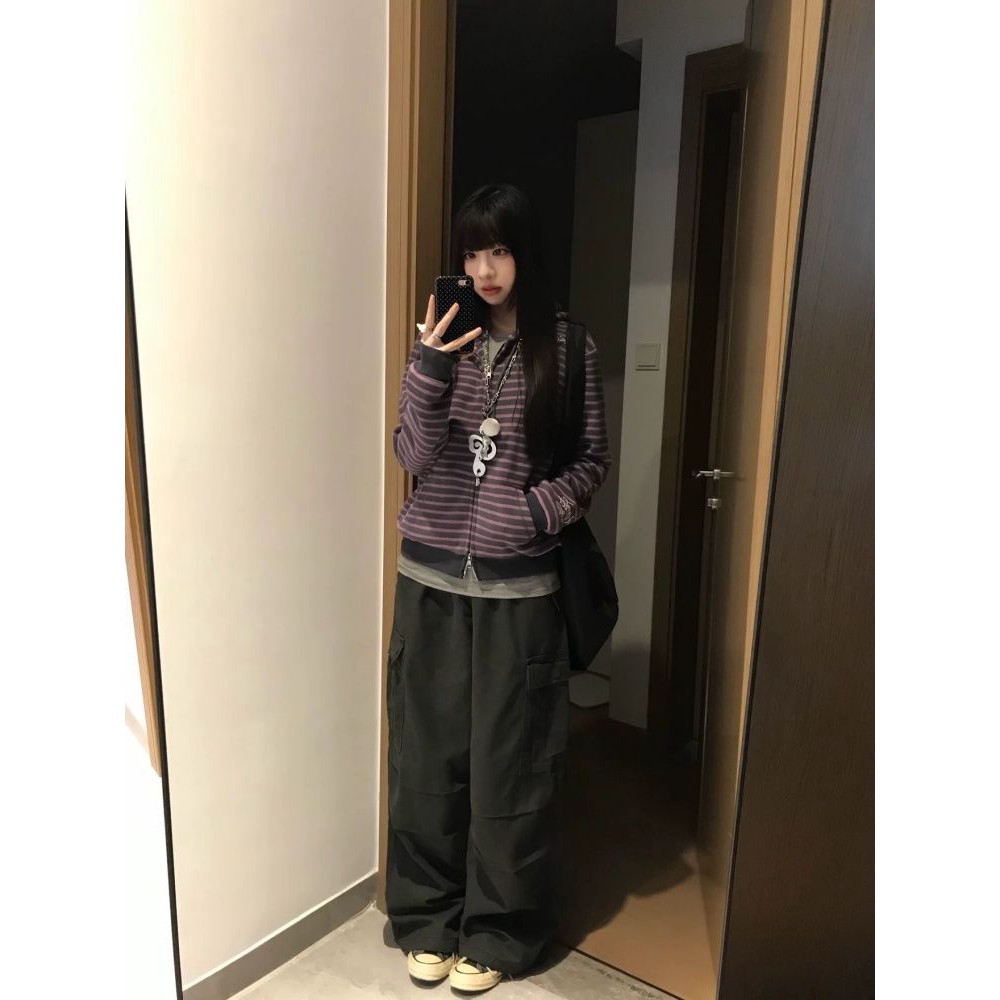 韩系紫色条纹拉链卫衣外套女秋季新款高级感小众外搭休闲长袖上衣图片