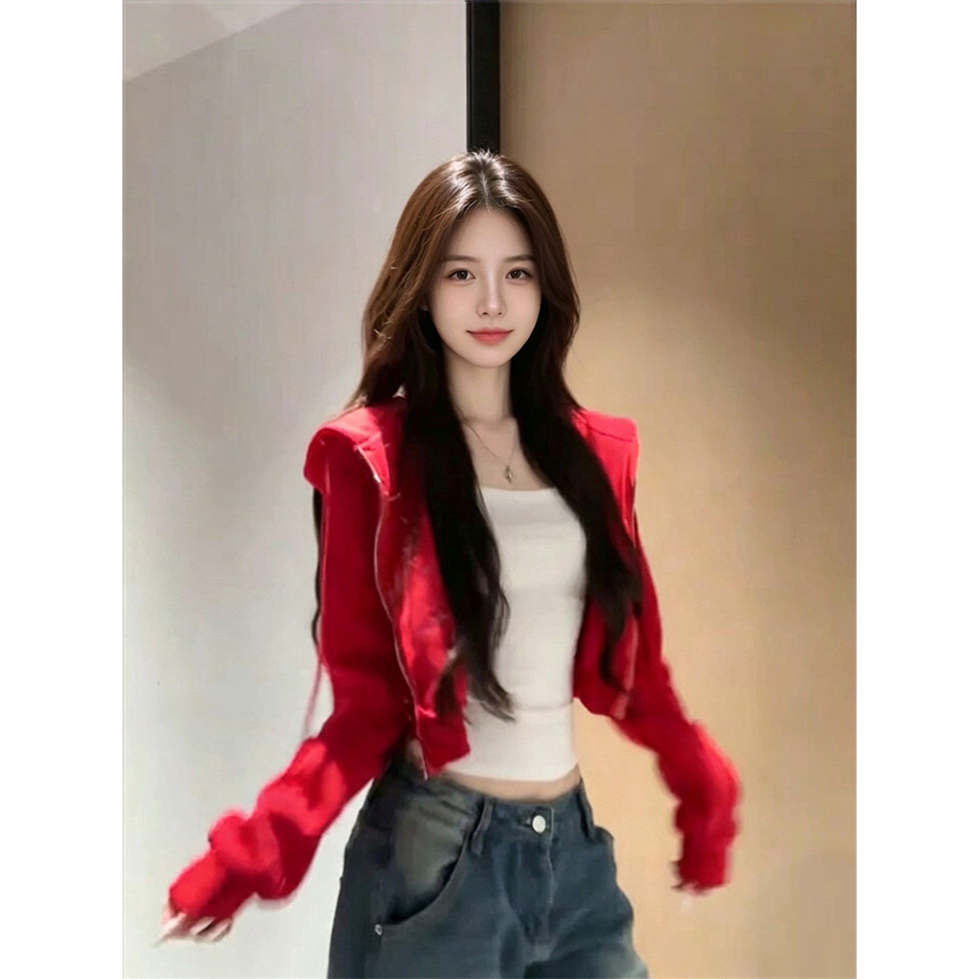 美式复古红色连帽拉链卫衣外套女秋冬修身显瘦休闲百搭长袖上衣潮图片