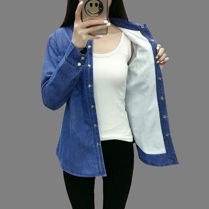 加绒牛仔衬衫女长袖保暖显瘦秋冬款韩版加厚衬衣学生宽松百搭外套