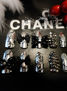 黑色蝴蝶结 纯手工穿戴甲贴纸美甲闪钻黑钻高级感轻奢气质水钻ins