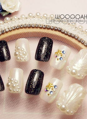 华彩贝壳 美甲甲片成品贴片白色系结婚日系孕妇新娘满钻短款婚纱