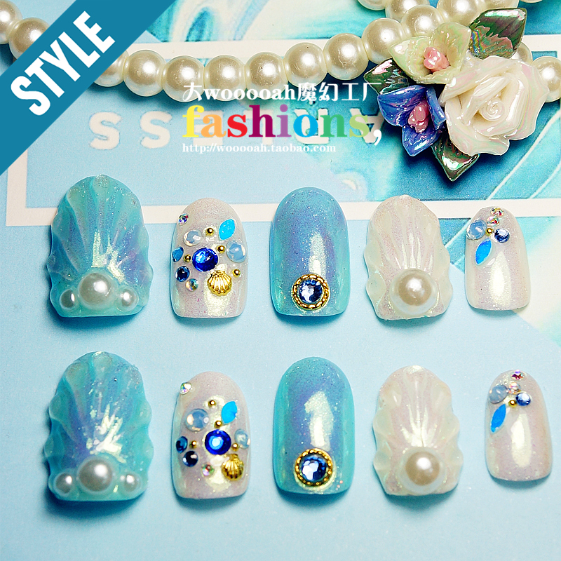 蓝贝珍珠纯手工穿戴甲精致短款